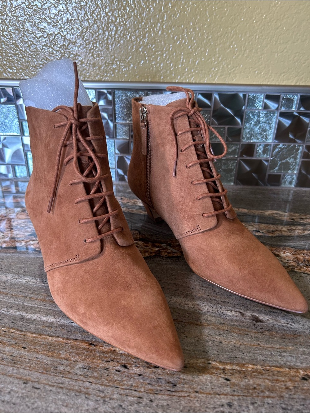 Nine West Suede Lace-Up Pointed Ankle Boots in Cognac Brown
